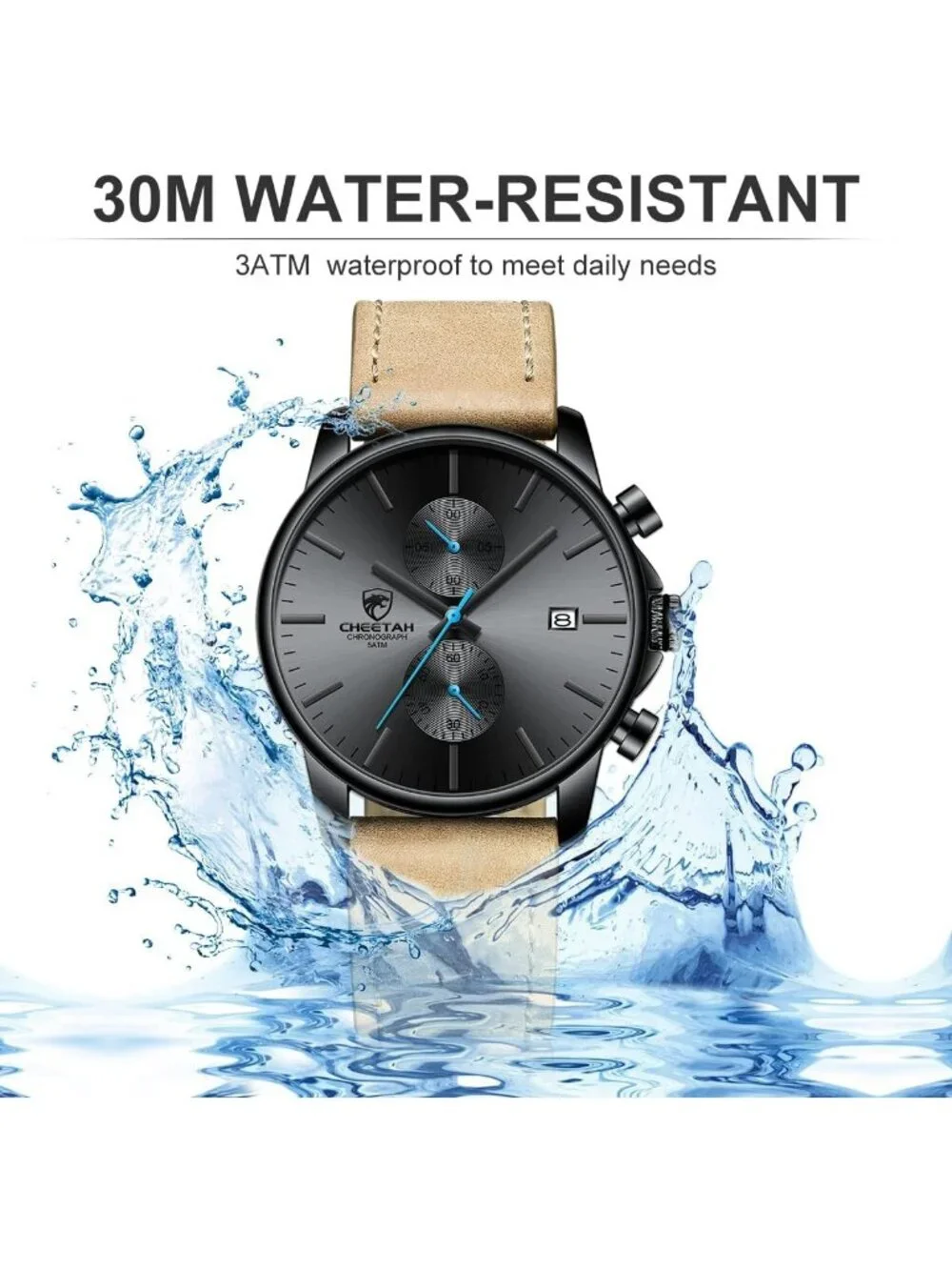 Men's Leather Blue hands Fashion Minimalist Quartz Analog Chronograph Wristwatch